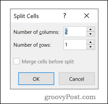 Menu d'options Word Split Cells