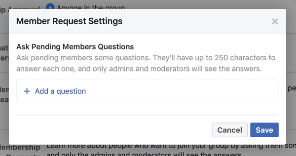 Comment améliorer votre communauté de groupe Facebook, exemple de paramètres de demande de membre de groupe Facebook permettant de poser de nouvelles questions aux membres