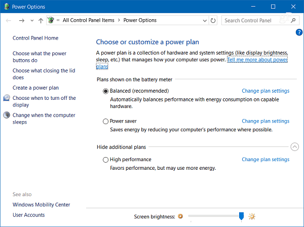 Options d'alimentation Windows 10