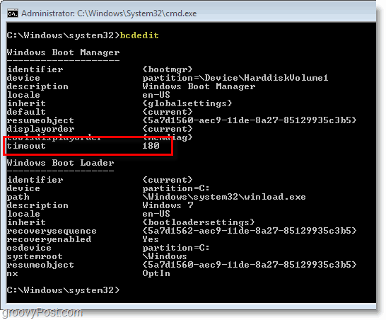 Capture d'écran de Windows 7 - Vérification de vos paramètres BCDedit