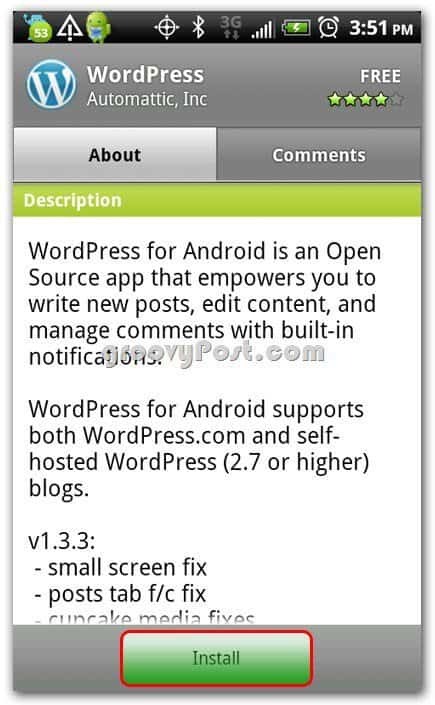 Wordpress sur l'écran d'installation d'Android