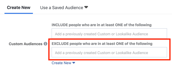Ciblage publicitaire Facebook excluant les audiences personnalisées.