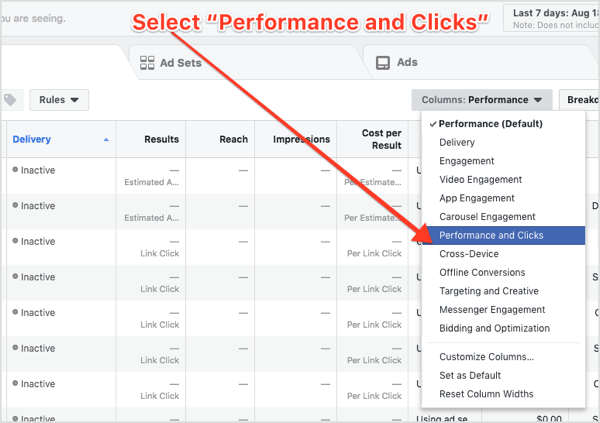 Sélectionnez Performances et clics dans le menu déroulant Colonnes de Facebook Ads Manager.