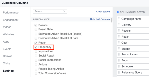 facebook ad manager personnaliser les colonnes pour ajouter une fréquence