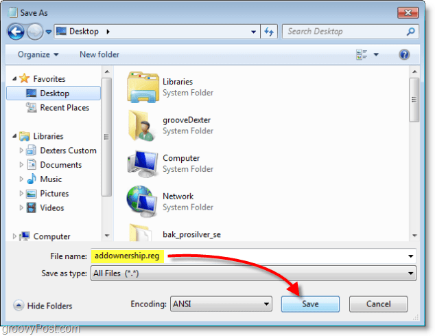Capture d'écran de Windows 7 - enregistrer sous addownership.reg
