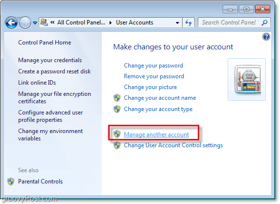 cliquez sur gérer un autre compte à partir de votre page de compte d'utilisateur Windows 7