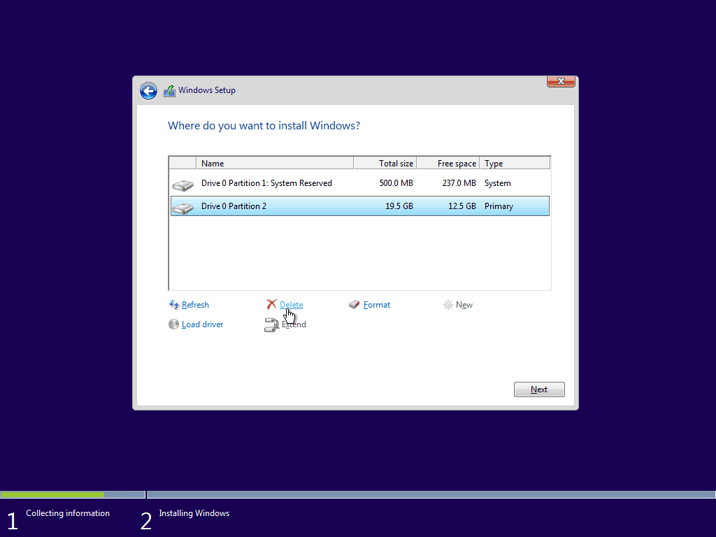 05 Supprimer la partition principale existante Windows 10 Clean Install