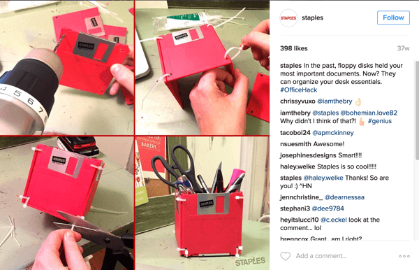 Ce collage de photos Instagram par Staples montre une façon intelligente de réutiliser des disquettes dans un accessoire de bureau.