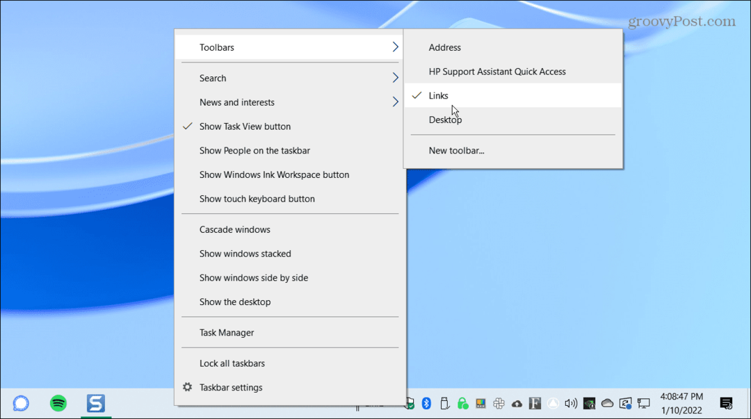 Les liens des barres d'outils centrent la barre des tâches de Windows 10