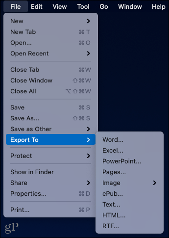 Options Fichier, Exporter vers