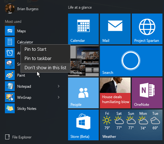 Menu Démarrer de Windows 10