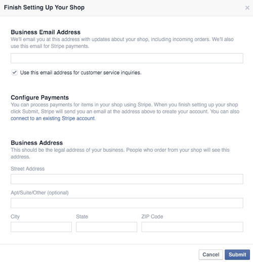 configurer l'activité de la boutique facebook et les détails de paiement