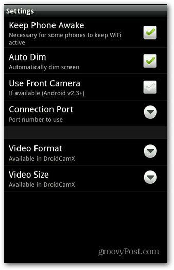 Paramètres de l'application Android DroidCam