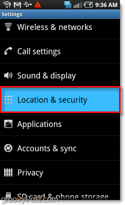 menu de localisation et de sécurité android