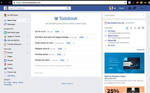 Todobook bloque votre fil d'actualité Facebook jusqu'à ce que vous ayez défini vos priorités pour la journée.
