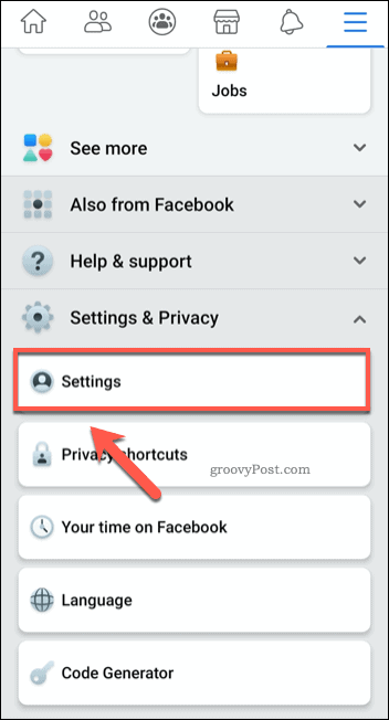 Option de paramètres du menu mobile Facebook