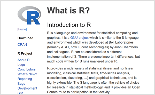 Créez vos propres outils d'analyse prédictive avec le langage de programmation R. Capture d'écran de la page Web d'introduction de R. 