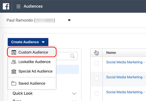 Option d'audience personnalisée dans les audiences Facebook