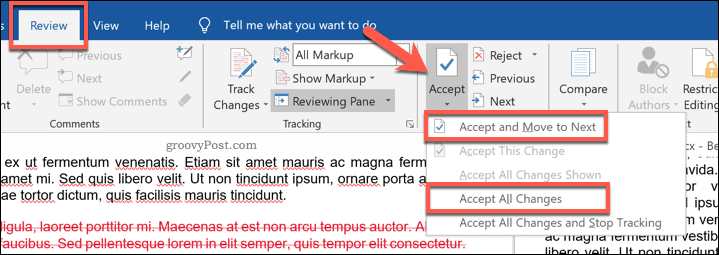 Accepter les modifications d'un document Word comparé