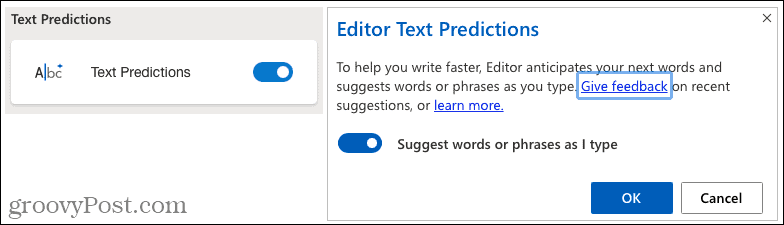Prédictions de texte Microsoft Editor
