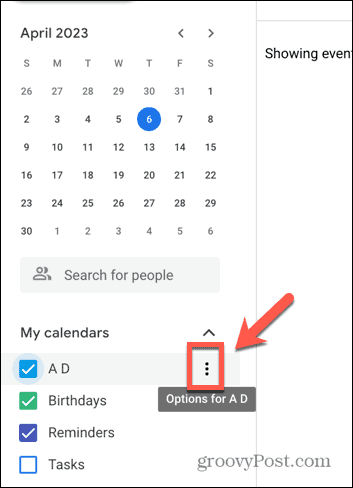 Capture d'écran de l'icône à trois points de Google Agenda