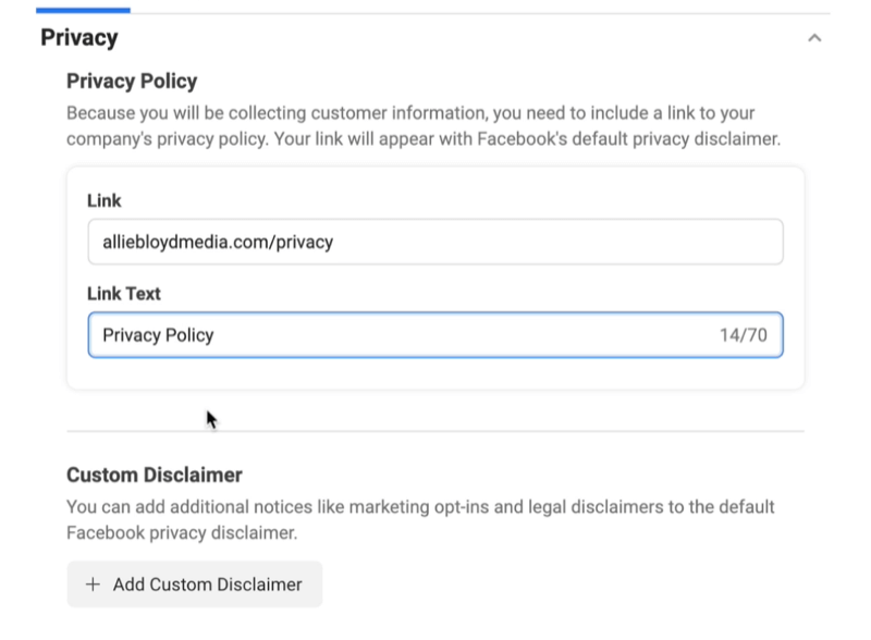 Facebook Lead Ads crée une nouvelle option de formulaire pour créer un lien vers une politique de confidentialité et une clause de non-responsabilité personnalisée