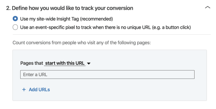 Définissez comment vous souhaitez suivre la section de votre conversion du processus de configuration du suivi des conversations LinkedIn
