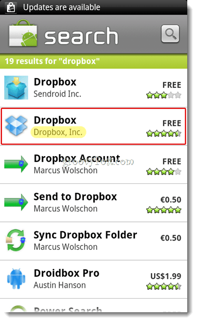 Menu de recherche Android Dropbox