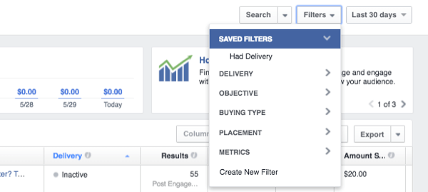 Facebook Ads Manager filtre les données