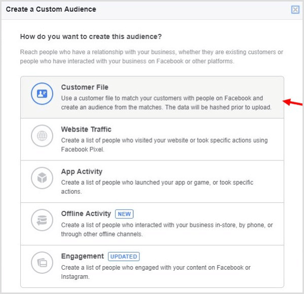 Créez une audience personnalisée sur Facebook en fonction de votre liste de diffusion.