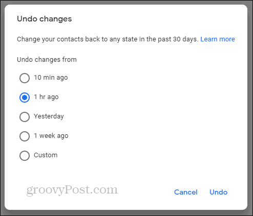 Google Contacts Annuler la chronologie des modifications