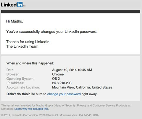 changements de mot de passe de sécurité LinkedIn