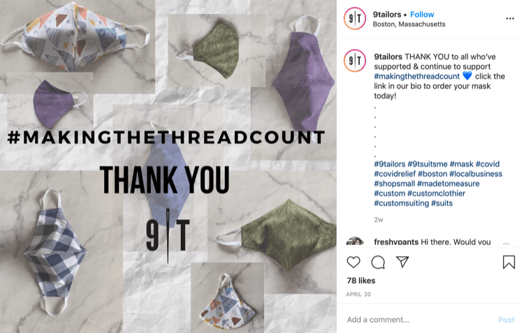 9Tailor Instagram post sur les ventes de masques