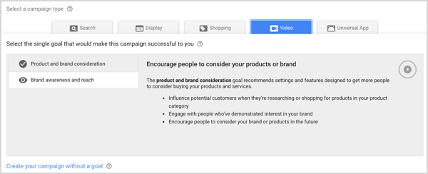 Type de campagne de notoriété et d'audience de la marque dans Google AdWords.