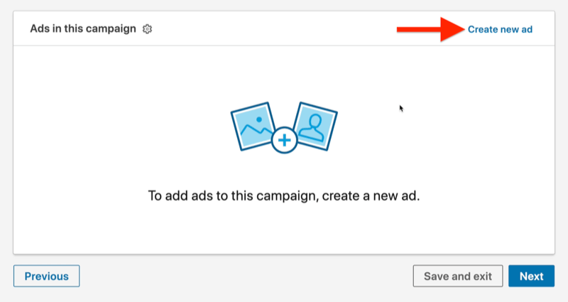 exemple de niveau d'annonce de campagne publicitaire linkedin avec l'option de création d'annonce en surbrillance