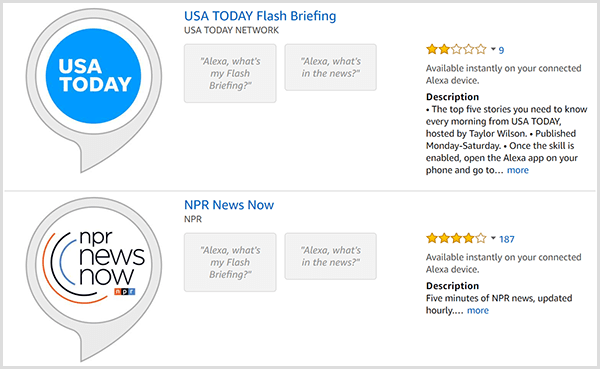 Les listes de briefing flash Alexa ont une bulle de dialogue grise avec un logo rond du producteur tel que USA TODAY ou NPR. Les listes comprennent également un classement par étoiles et une description.