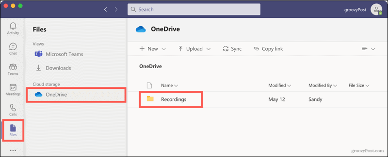 Fichiers, OneDrive, enregistrements dans les équipes