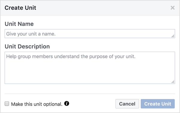 Donnez un nom et une description à l'unité de groupe Facebook. 