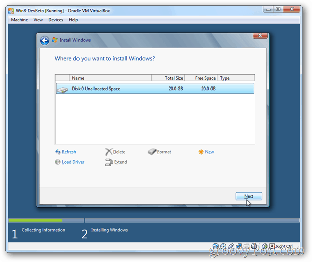 VirtualBox Windows 8 choisissez le disque pour l'installation