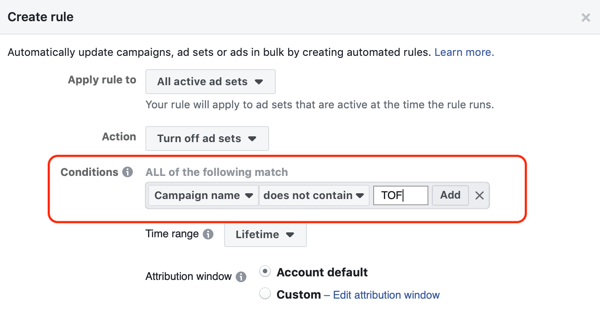 Utilisez les règles automatisées de Facebook, arrêtez le jeu de publicités lorsque le ROAS tombe en dessous du minimum, étape 2, définissez les conditions