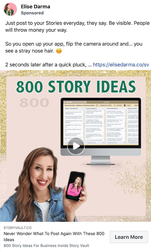 exemple de capture d'écran d'un article sponsorisé par elise darma faisant la promotion de 800 idées d'histoires