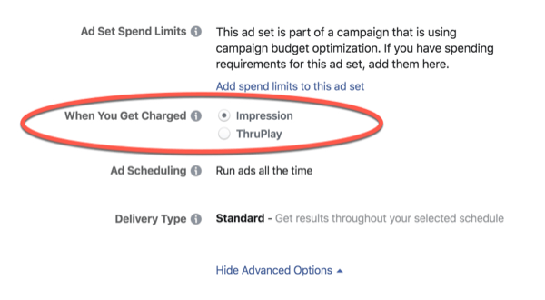 Frais d'optimisation Facebook ThruPlay.