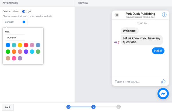 Utilisez Google Tag Manager avec Facebook, étape 11, options pour définir des couleurs personnalisées pour votre plugin de chat Facebook