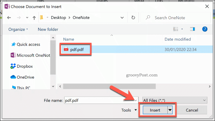 Insertion d'une impression de fichier dans OneNote