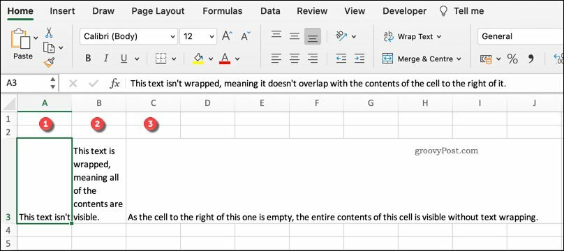 Un exemple de divers formats d'habillage de texte dans Excel