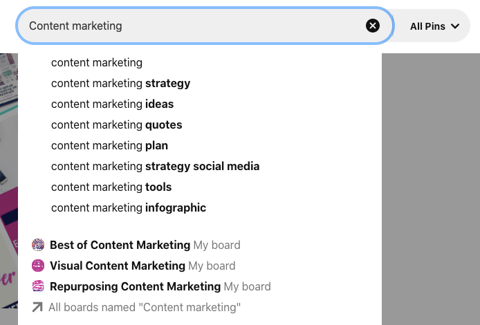 exemple de recherche pinterest pour le marketing de contenu avec le marketing de contenu associé à une stratégie, des idées, des citations, un plan, des outils, des infographies, etc. ainsi que plusieurs conseils dont les noms incluent le marketing de contenu