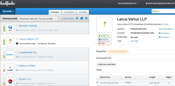 Leader utilise vos données Google Analytics pour afficher des détails sur les visiteurs de votre site Web.