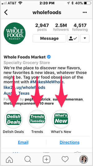 Faits saillants d'Instagram sur le profil de Whole Foods.
