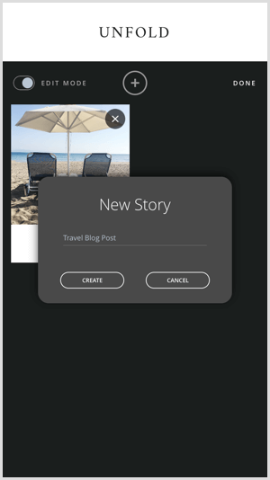 Appuyez sur l'icône + pour créer une nouvelle histoire avec Déplier.
