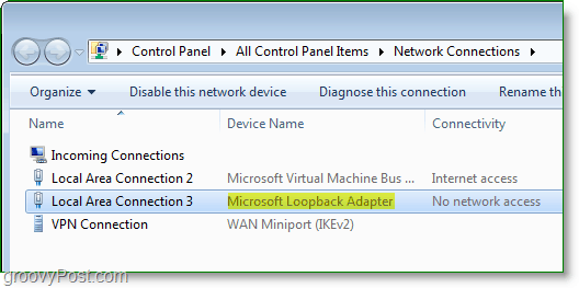 Capture d'écran de mise en réseau Windows 7 - l'adaptateur Microsoft Loopback visible dans la fenêtre des connexions réseau